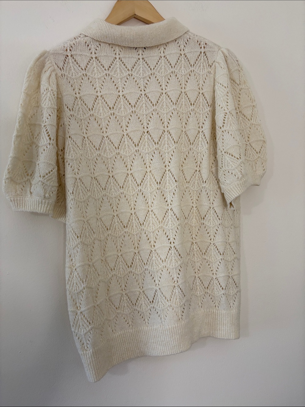 Marine Layer Rebecca Sweater Polo Fall 2025 Cream Pointelle Puff Sleeve Fuzzy XL - Picture 8 of 13
